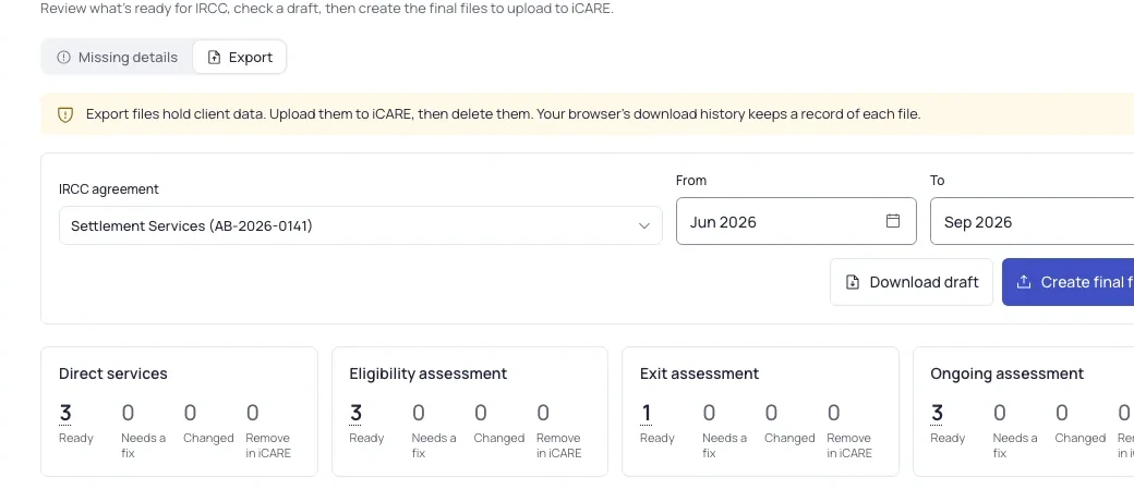 iCARE export totals for each template: rows ready, needing a fix, changed, or to remove in iCARE.