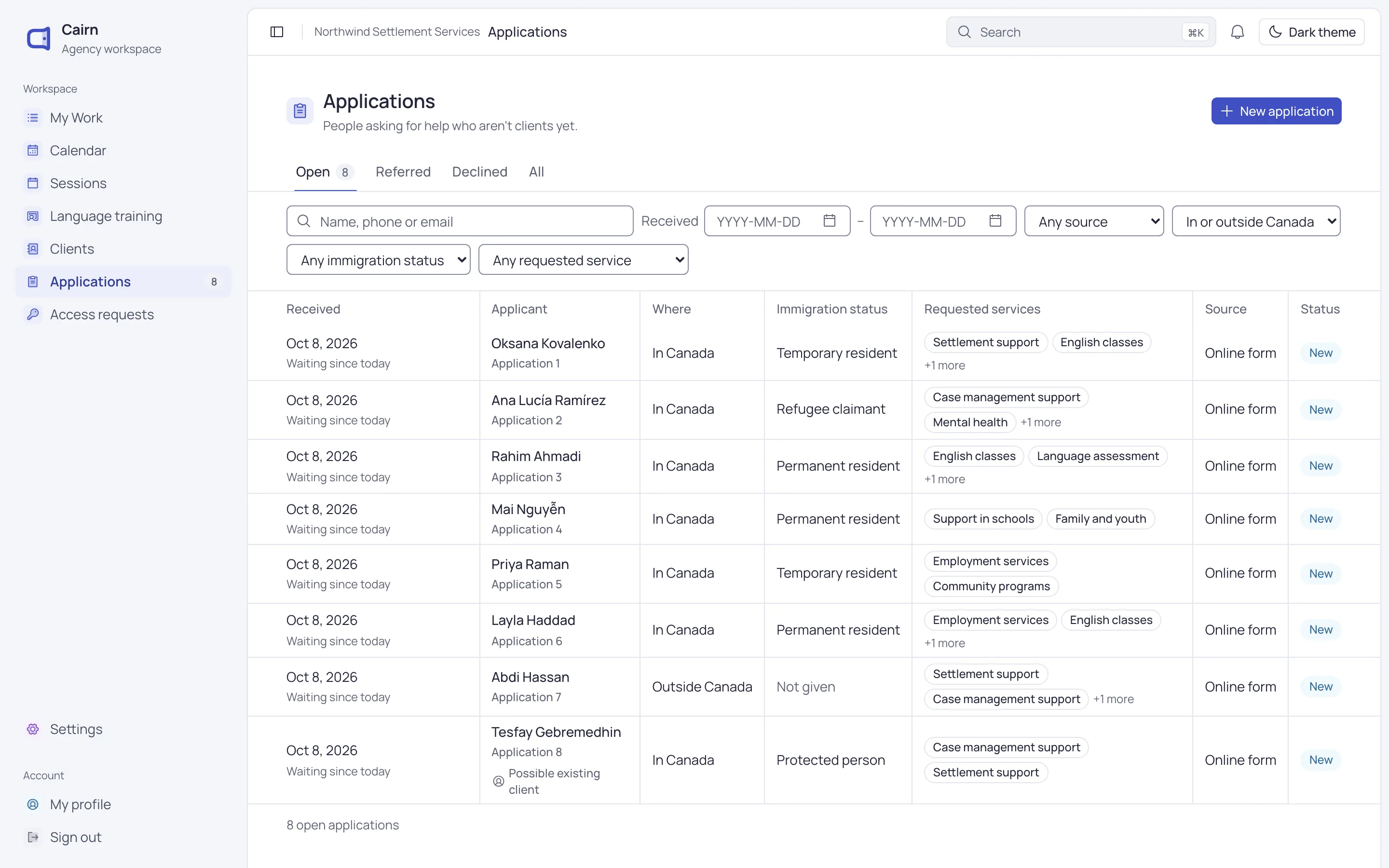 The applications queue: eight online applications in several languages, oldest first, with days waiting.