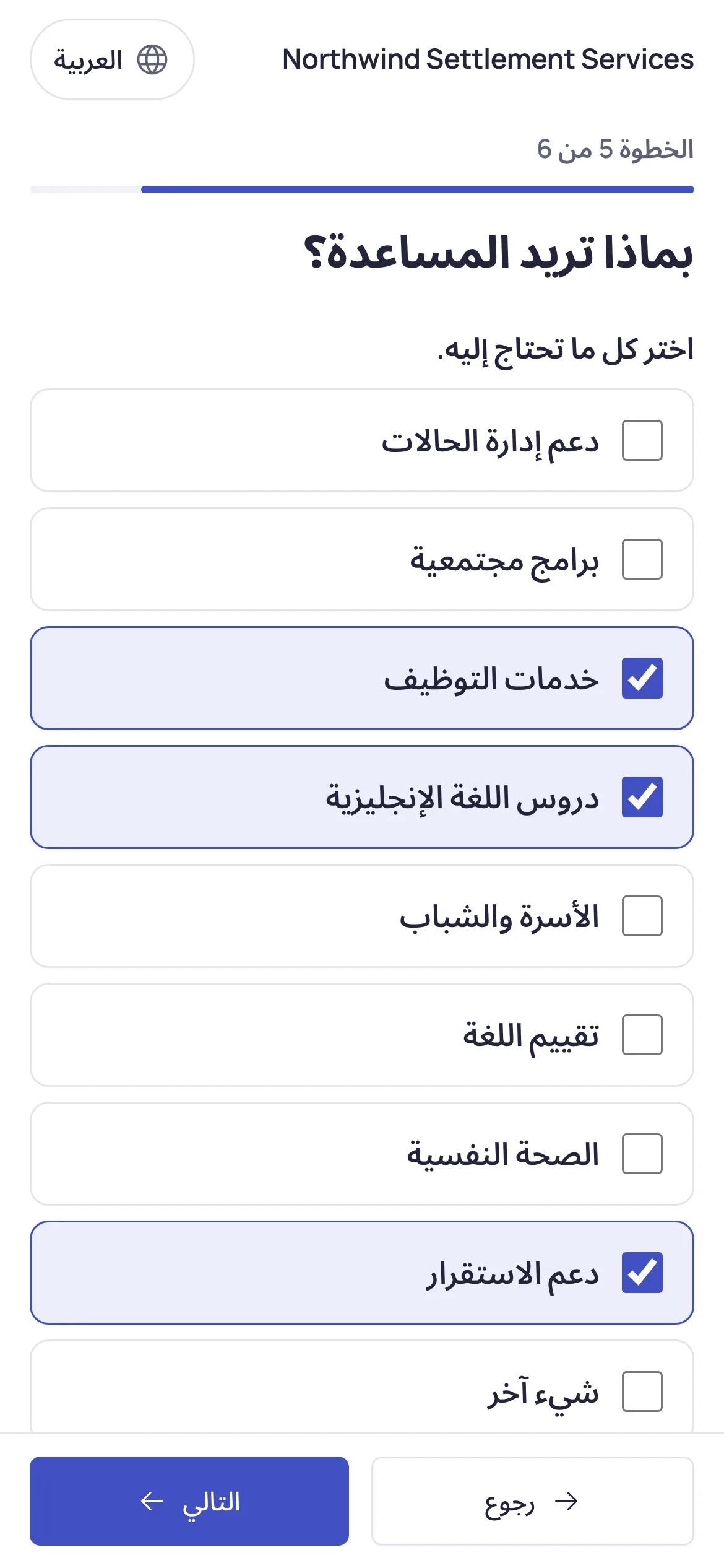 The online application form on a phone, in Arabic, with three requested services ticked.