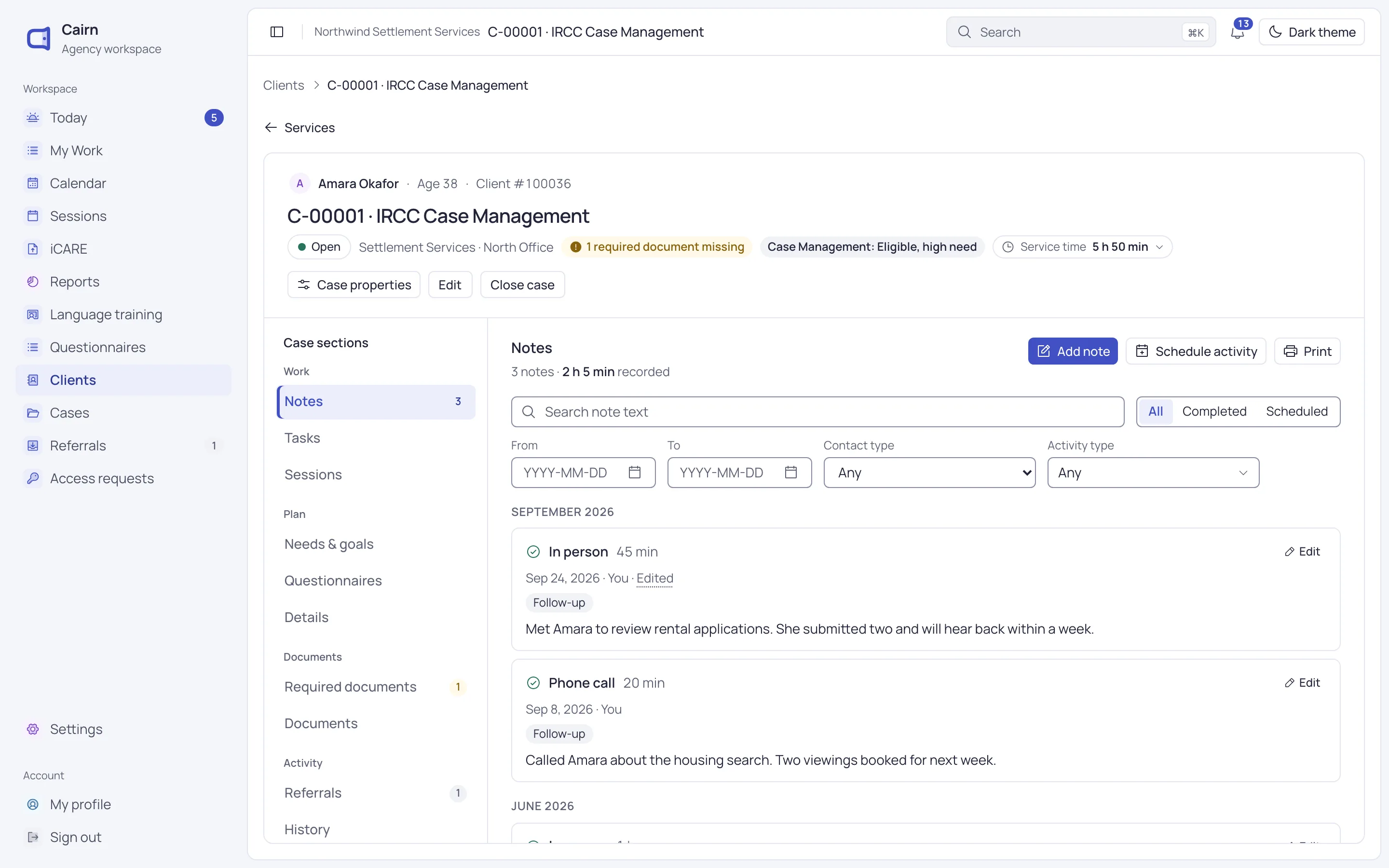 A case management case open on its notes, with each contact’s date, type and note.