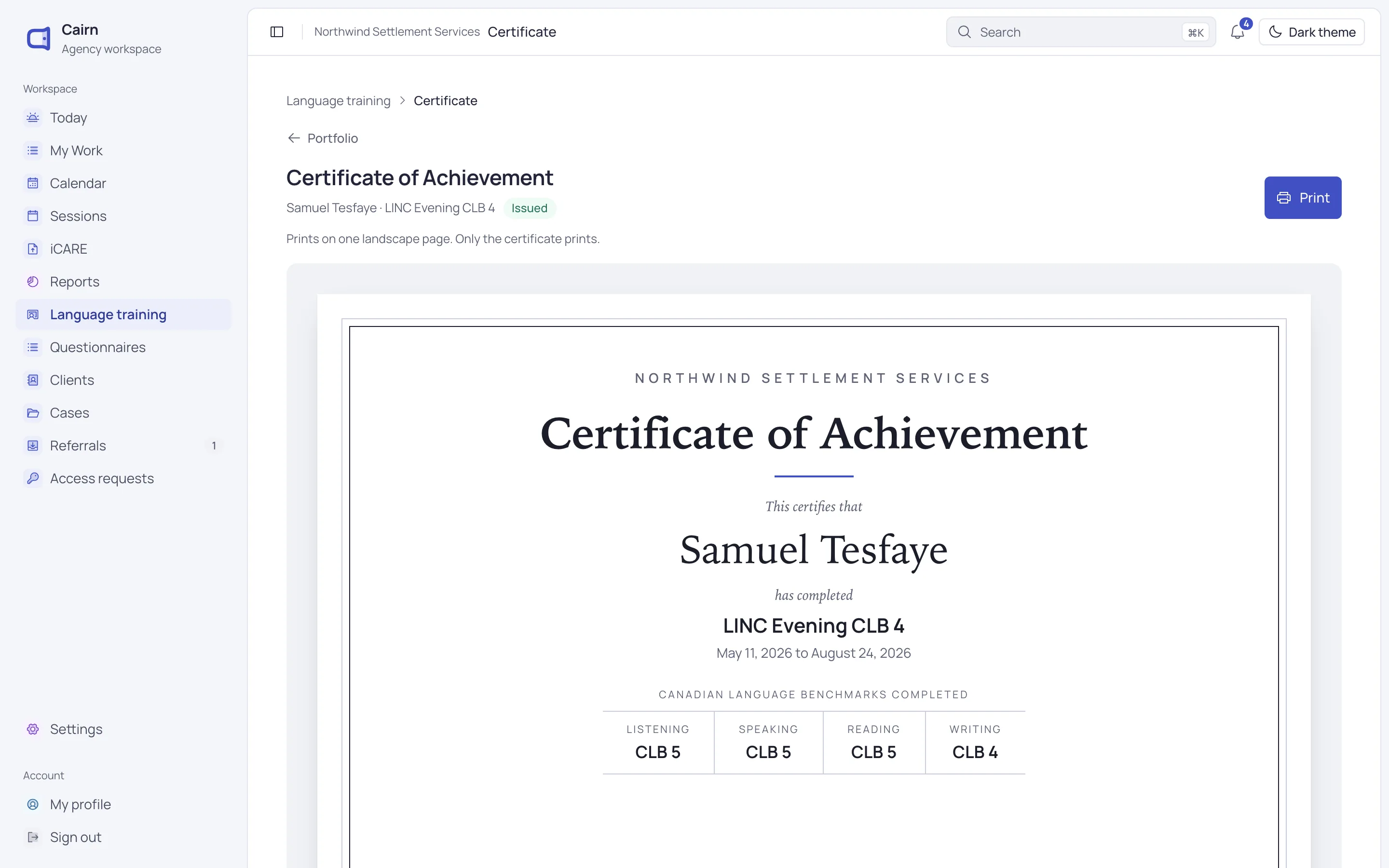 A Certificate of Achievement issued to a learner and signed by the program director.