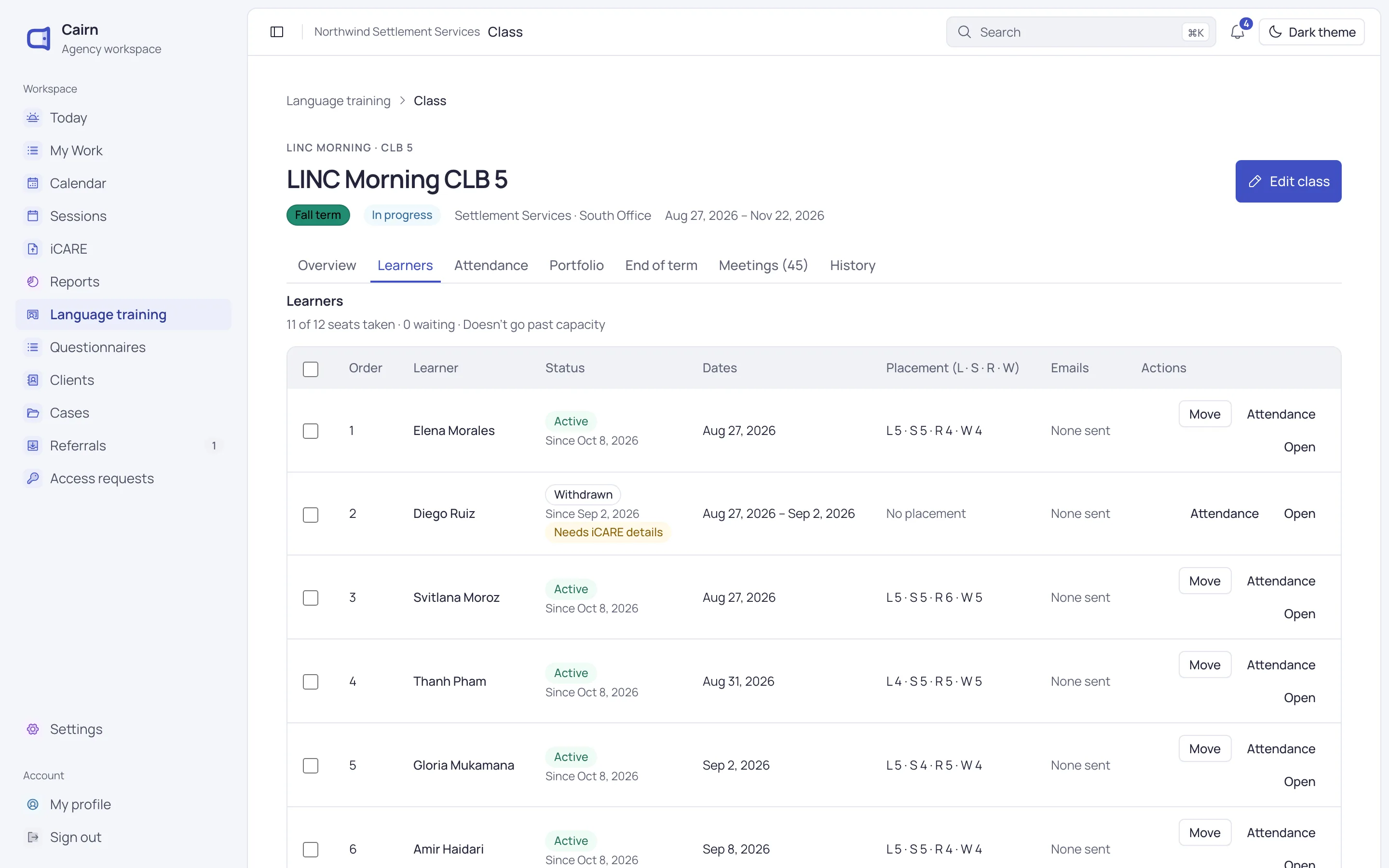 LINC Morning CLB 5 with 11 of 12 seats filled, listing each learner and their placement. Shown in the Windows app.