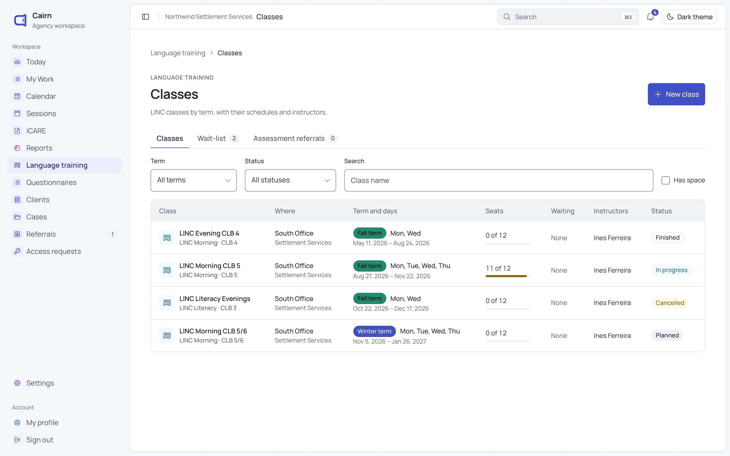 The LINC classes list: four classes with their site, schedule, seats and status.