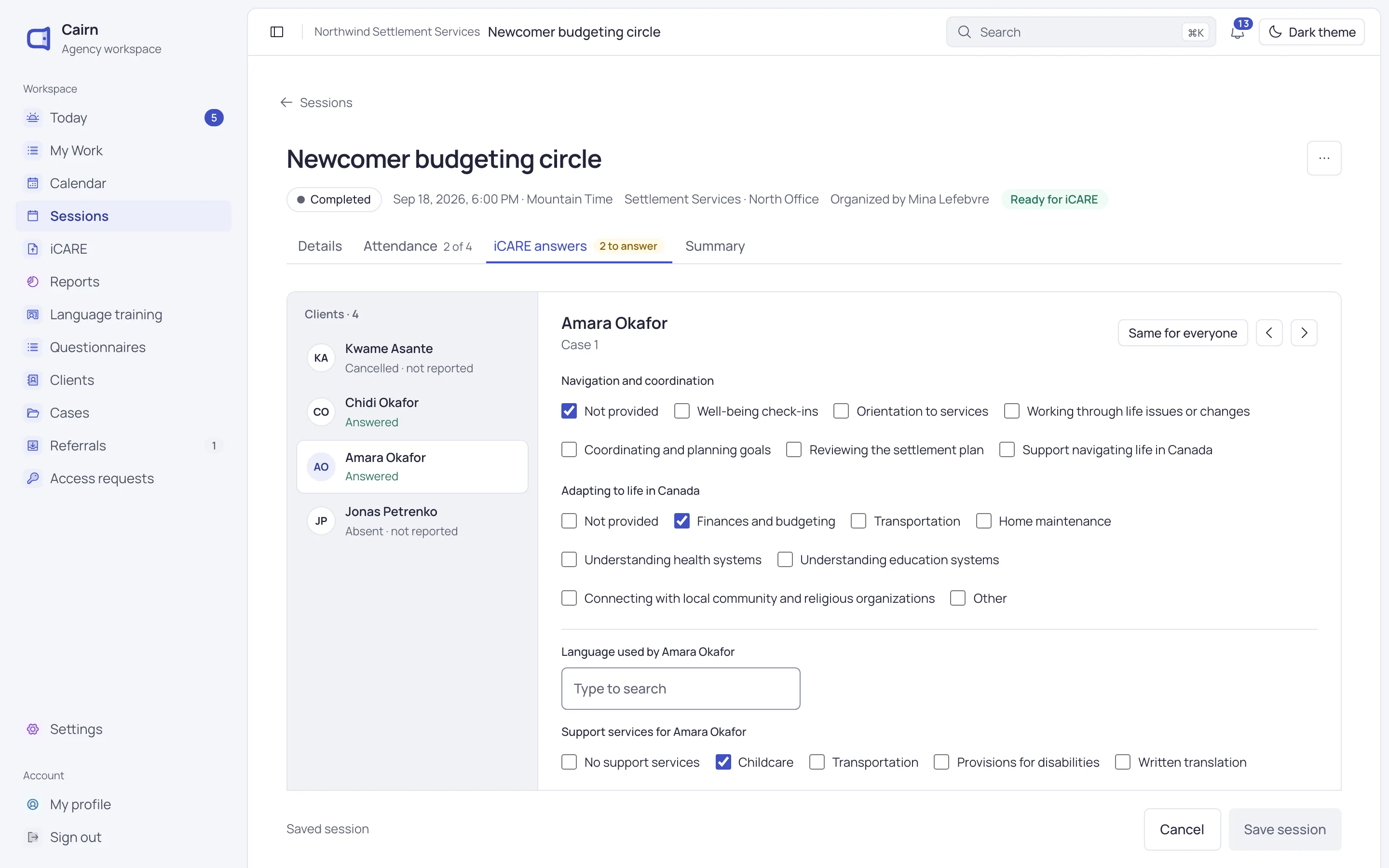 A session’s iCARE answers for one client: language, delivery format, support services and the module’s questions.