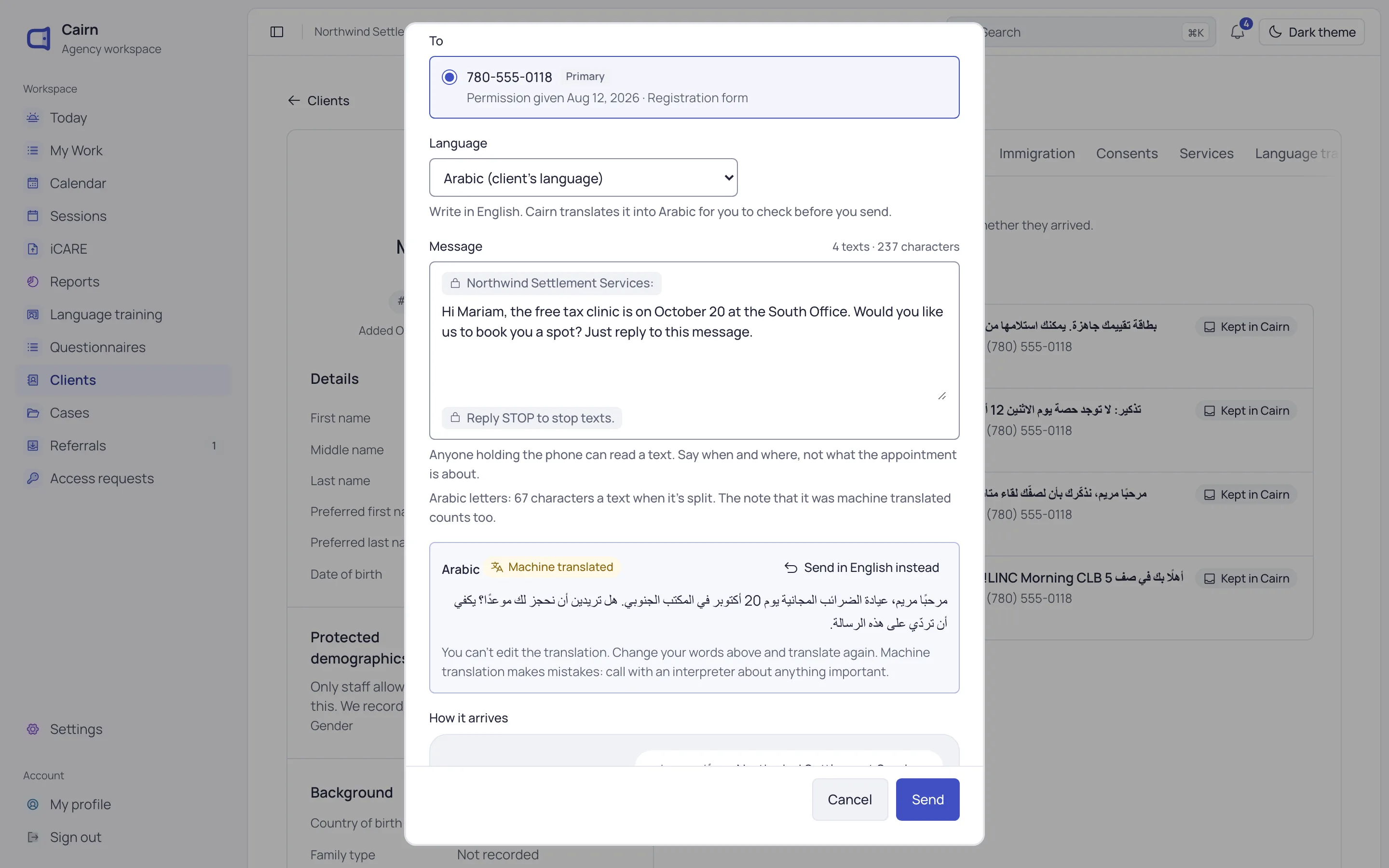 Writing a text to a client: the English draft, its Arabic translation and a preview of how it arrives.