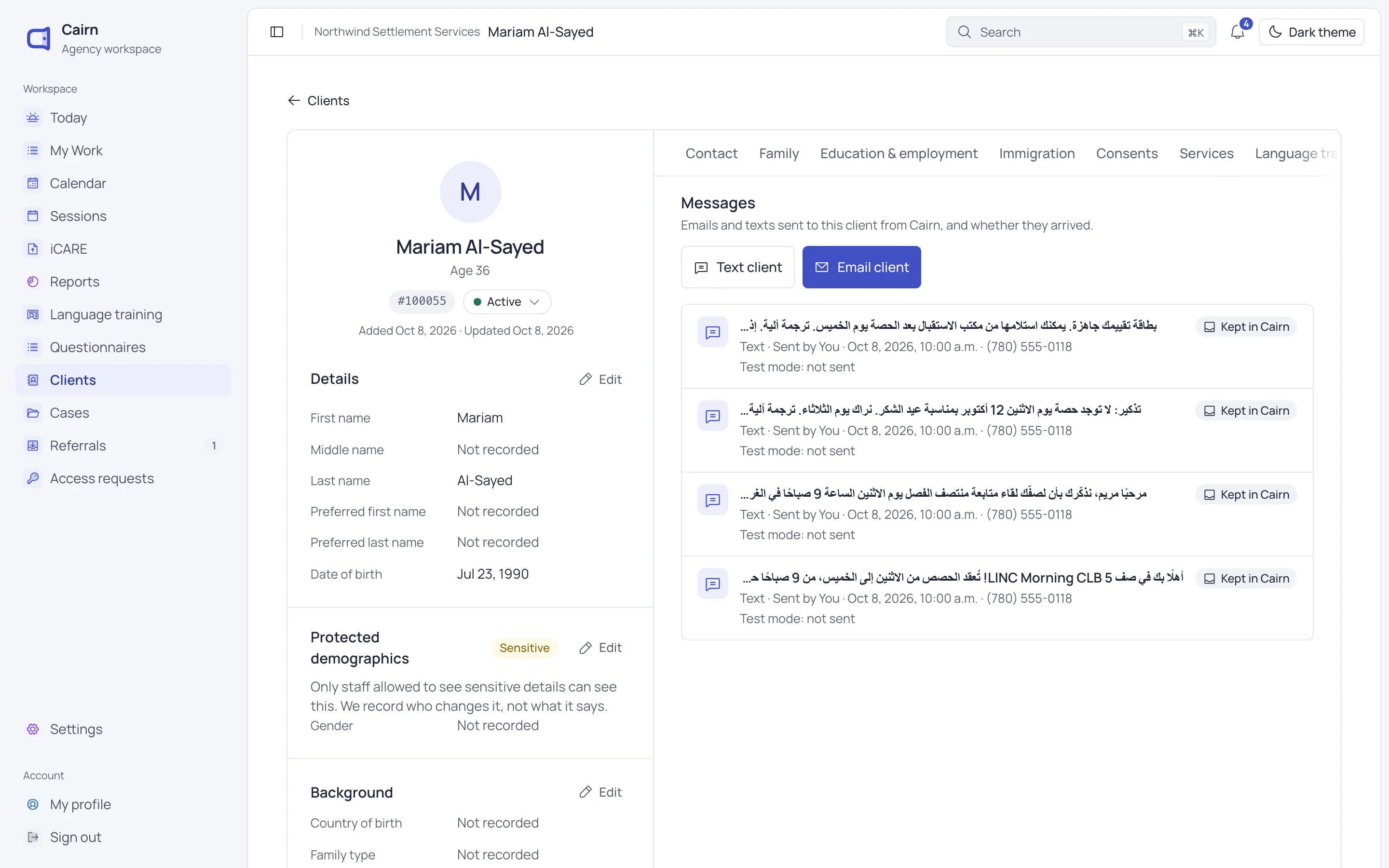 Mariam Al-Sayed’s Messages tab, with four texts written in Arabic.