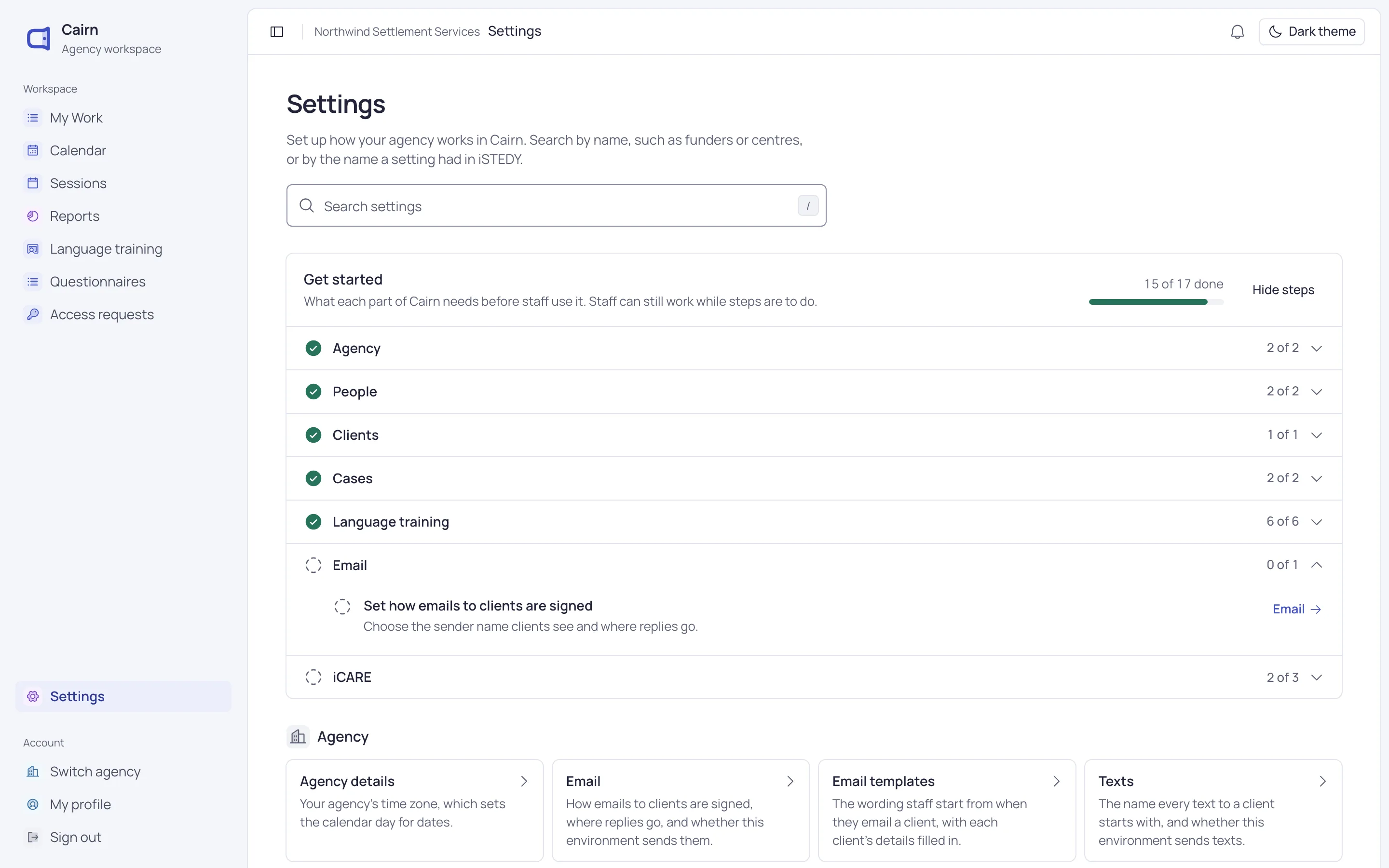 The Settings page, with a Get started checklist showing 15 of 17 steps done.