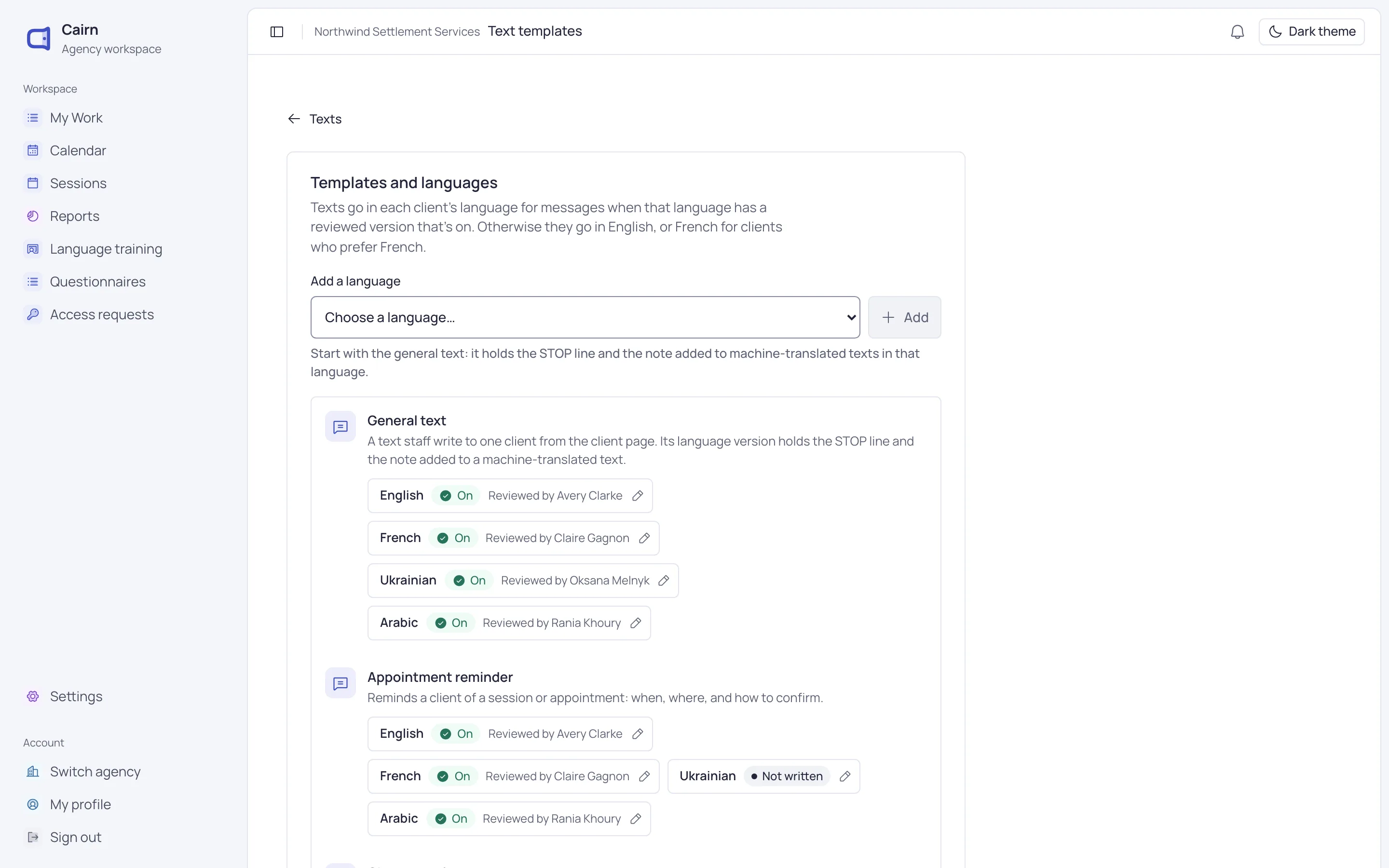 Text templates in English, French, Ukrainian and Arabic, each version reviewed by a named person.