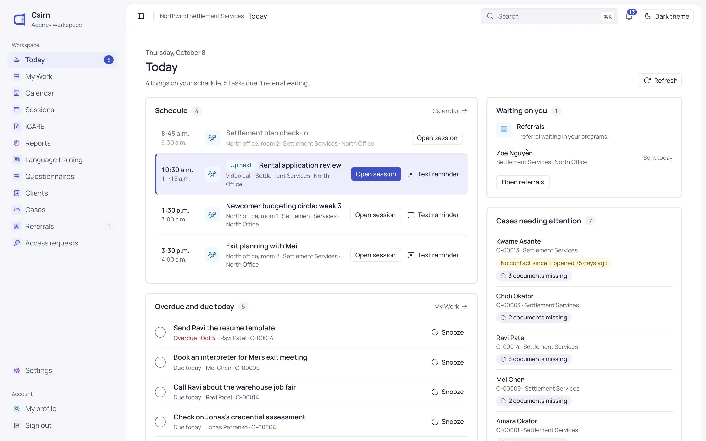 The Today page for a caseworker: one session done, three coming up, tasks due and cases that need attention. Shown in the Mac app.